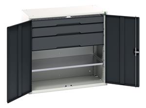 Verso kitted cupboard with 1 shelf, 3 drawers. WxDxH: 1050x550x1000mm. RAL 7035/5010 or selected Bott Verso Basic Tool Cupboards Cupboard with shelves